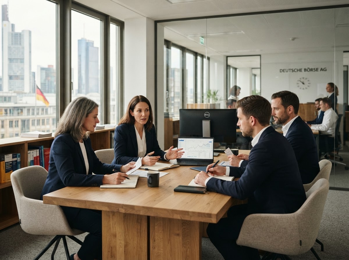 Finax Investment Services analysts reviewing multi-variate market data on a trading floor
